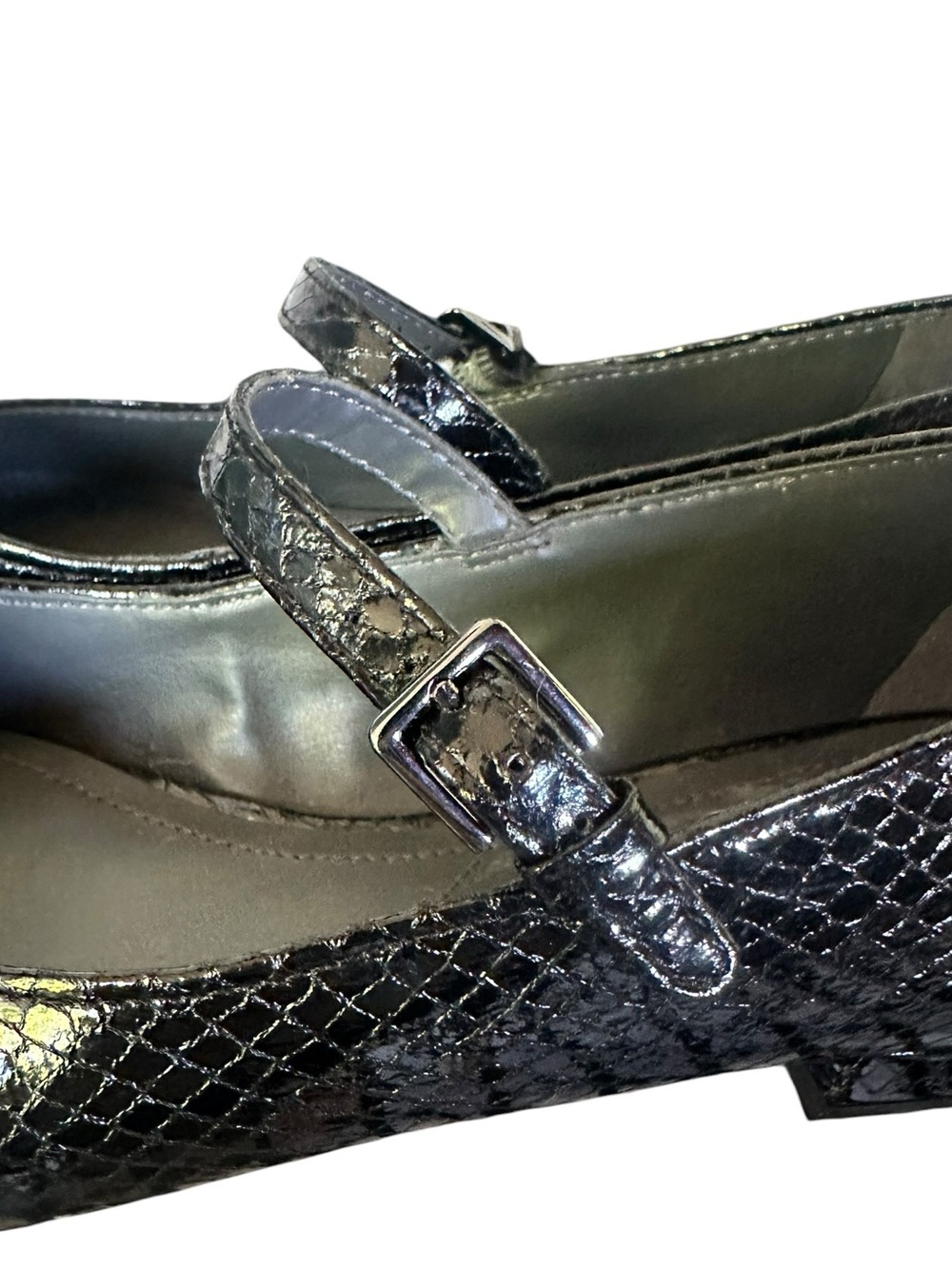 FRANCO SARTO Nalin Black Snakeskin Patent Leather Pointed Toe Mary Jane Flats - Picture 7 of 10